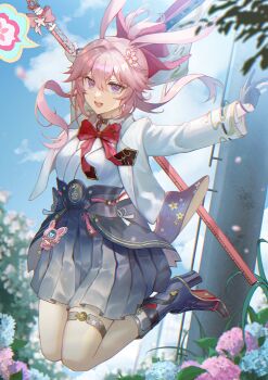 1girl animal_ears black_boots black_pantyhose black_skirt blue_sky boots bow bowtie breasts commentary dated_commentary evanescia_(honkai:_star_rail) flower fox_ears fox_girl hair_flower hair_ornament highres honkai:_star_rail honkai_(series) jacket jumping marseillez measuring_stick medium_breasts pantyhose pink_hair purple_eyes red_bow red_bowtie shirt short_hair_with_long_locks skirt sky solo white_jacket white_shirt