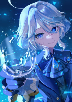 1girl absurdres ahoge aqua_eyes aqua_hair ascot blue_ascot blue_eyes blue_shirt closed_mouth cup furina_(genshin_impact) genshin_impact glass gloves hair_between_eyes heterochromia highres holding holding_cup long_hair multicolored_hair shirt smile solo upper_body very_long_hair watatai water water_on_glass