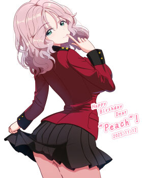 1girl ass blush breasts closed_mouth clothes_lift dated finger_to_mouth girls_und_panzer green_eyes happy_birthday kumaisao large_breasts lifting_own_clothes long_hair looking_at_viewer military_uniform miniskirt peach_(girls_und_panzer) pink_hair simple_background skirt skirt_lift solo st._gloriana&#039;s_military_uniform white_background