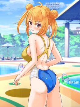 1girl ahoge ass blue_one-piece_swimsuit blue_sky charomi cloud commentary_request competition_swimsuit day double_bun from_behind hair_bun kusatsu_yuina long_hair looking_at_viewer looking_back multicolored_swimsuit north1220japan one-piece_swimsuit onsen_musume orange_eyes outdoors pool racerback second-party_source sky solo swimsuit thigh_gap twintails