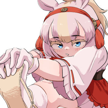 1girl animal_ears blue_eyes brown_hair commentary_request extra_ears gloves hair_ornament highres horse_ears horse_girl kemono_friends long_hair looking_at_viewer mcgunngu multicolored_hair nontraditional_miko pink_hair ponytail sandals shinme_(kemono_friends) simple_background skirt solo tabi two-tone_hair zouri