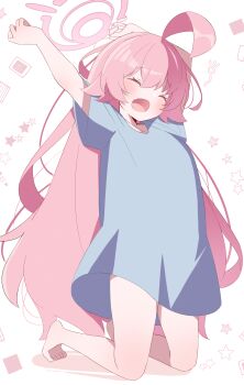 1girl ahoge bare_legs barefoot blue_archive blue_shirt closed_eyes fang full_body hair_between_eyes halo highres hoshino_(blue_archive) huge_ahoge kneeling long_hair open_mouth pink_hair pink_halo sasanoha_(sasanoha0712) shirt short_sleeves simple_background skin_fang solo square squeans star_(symbol) stretching t-shirt very_long_hair white_background yawning