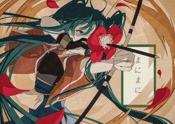 Rule 34 | 1girl, absurdres, aiming, aqua hair, archery, arrow (projectile), black gloves, blue eyes, blue skirt, bow (weapon), commentary, copyright name, cowboy shot, drawing bow, empty eyes, floating hair, flower, flower over eye, gloves, hands up, hatsune miku, highres, holding, holding bow (weapon), holding weapon, japanese clothes, kimono, kyuudou, long hair, manimani (vocaloid), mi8uuuuk, muneate, outstretched arm, partially fingerless gloves, partly fingerless gloves, petals, red flower, red kimono, single glove, skirt, sleeves rolled up, solo, song name, twintails, vocaloid, weapon, yugake