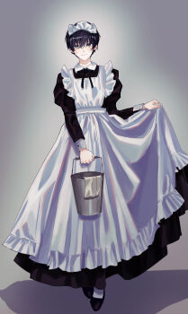 Rule 34 | 1boy, absurdres, alternate costume, apron, black dress, black hair, bucket, clothes lift, commentary request, dress, dress lift, enmaided, full body, gj9158, highres, holding, holding bucket, kim dokja, korean commentary, looking at viewer, maid, maid apron, maid headdress, male focus, nervous, omniscient reader's viewpoint, short hair, solo, sweatdrop, white apron