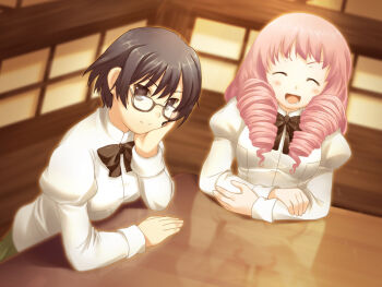 2girls artist_request black_bow black_bowtie black_eyes black_hair blouse blush bow bowtie closed_eyes closed_mouth drill_hair game_cg glasses hakamichi_shizune hand_on_own_face head_rest katawa_shoujo long_hair lower_teeth_only mikado_shiina multiple_girls non-web_source official_art open_mouth pink_hair puffy_sleeves reflection reflective_table school_uniform shirt short_hair smile table teeth twin_drills white_shirt window yamaku_high_school_uniform