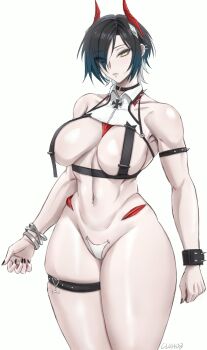 1girl abs absurdres armlet azur_lane belt_collar bone bracelet breast_strap choker cluhob collar collarbone covered_erect_nipples covered_pussy cross highres horns iron_cross jewelry mechanical_horns muscular muscular_female navel navel_piercing piercing red_horns simple_background slit_pupils solo spiked_armlet thigh_strap ulrich_von_hutten_(azur_lane) white_background yellow_eyes