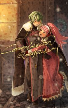 Rule 34 | 1boy, 1girl, :d, alternate costume, black cape, black coat, blush, cape, coat, couple, dress, earmuffs, fire emblem, fire emblem: three houses, full body, fur trim, green hair, hetero, highres, hilda valentine goneril, hilda valentine goneril (timeskip), hug, male byleth (awakened) (fire emblem), male byleth (fire emblem), misokatsuhaumai, nintendo, open mouth, pink dress, pink hair, ponytail, smile, snowing