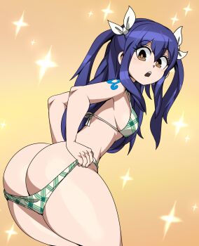 1girl absurdres ass bikini bikini_pull blue_hair blush breasts brown_eyes butt_crack captain_kirb clothes_pull curvy dragon_girl fairy_tail green_bikini hair_between_eyes highres huge_ass kyojiri_loli loli long_hair looking_back narrow_waist open_mouth shoulder_tattoo sideboob small_breasts solo sparkle sweat swimsuit tattoo thick_thighs thighs twintails wendy_marvell wide_hips yellow_background