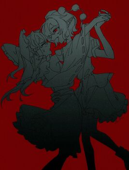 2girls artist_name bow commentary dancing detached_sleeves fang frilled_bow frilled_hair_tubes frilled_skirt frills greyscale_with_colored_background hair_bow hair_tubes hakurei_reimu highres holding_hands interlocked_fingers long_hair multiple_girls open_mouth pointy_ears puffy_short_sleeves puffy_sleeves red_background red_eyes ribbon-trimmed_sleeves ribbon_trim shameimaru_aya shirt short_sleeves skirt smile sweatdrop touhou uehara_suiyo