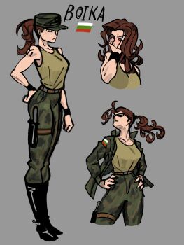 Rule 34 | 1girl, belt, boika (snow draw), boots, breasts, brown hair, bulgarian flag, camouflage, camouflage jacket, camouflage pants, character name, collarbone, dulo tamgha, full body, green jacket, green pants, grey background, hair down, hair up, hat, high-waist pants, highres, jacket, long hair, medium breasts, military hat, multiple views, no jacket, non-web source, original, pants, peaked cap, ponytail, profile, red eyes, simple background, snow draw, solo, standing, sunglasses, tank top, thigh sheath, wristband