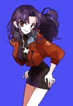 1girl black_skirt blue_background brown_eyes commentary cropped_jacket cross cross_necklace earrings highres jacket jewelry katsuragi_misato long_hair looking_at_viewer necklace neon_genesis_evangelion pencil_skirt purple_hair red_jacket simple_background skirt smile solo stud_earrings v-shaped_eyebrows yasu_urayaka