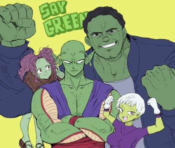 2boys 2girls animification antennae avengers_(series) bald black_hair blue_shirt bodysuit brown_shirt cheelai color_connection colored_skin crossed_arms dragon_ball dragon_ball_super dragon_ball_super_broly english_text gamora green_background green_skin guardians_of_the_galaxy height_difference highres hulk incredible_hulk long_sleeves looking_at_viewer marvel marvel multiple_boys multiple_girls noppow piccolo pointy_ears purple_bodysuit purple_eyes purple_hair sandals shirt short_sleeves simple_background upper_body white_hair