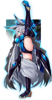 1girl animal_ear_fluff animal_ears black_hair blue_eyes boots breasts cameltoe covered_navel female_focus fox_ears fox_girl fox_tail full_body gloves grey_hair hair_between_eyes highres large_breasts leotard long_hair looking_at_viewer monsters_abyss multicolored_hair nagai_wataru open_mouth original purple_boots purple_gloves shiron_(monsters_abyss) solo split standing standing_on_one_leg standing_split tail thigh_boots thighhighs two-tone_hair very_long_hair white_background