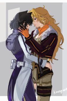 2girls animal_ears blake_belladonna cat_ears highres holding_face holding_hips multiple_girls naizo_(kimosugimasu) rwby scarf twitter_username yang_xiao_long yuri