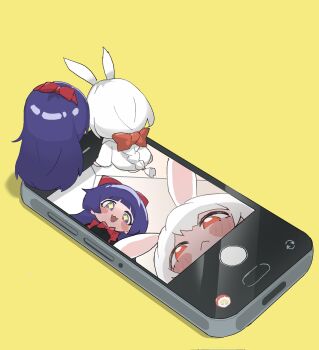 Rule 34 | 2girls, animal ears, black dress, black souls, black souls 2, blue hair, bow, bow hairband, bowtie, braid, cellphone, commentary, dress, hair bow, hairband, highres, long hair, mabel (black souls), multiple girls, node (black souls), phone, rabbit ears, red bow, red bowtie, sasa sou, simple background, smartphone, sparkling eyes, untranslatable commentary, very long hair, white dress, white hair, yellow background