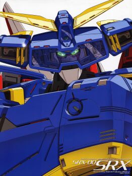 absurdres character_name close-up copyright_name fukano_youichi glowing glowing_eyes green_eyes highres looking_at_viewer mecha no_humans official_art robot simple_background srx super_robot_wars super_robot_wars_original_generation upper_body white_background