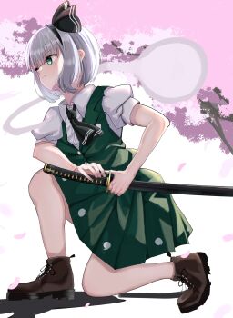 Rule 34 | 1girl, 1other, ascot, black ascot, black bow, black hairband, boots, bow, brown boots, buttons, closed mouth, collared shirt, commentary request, dinotodon, ghost print, green eyes, green skirt, green vest, hairband, hand on sheath, highres, katana, konpaku youmu, konpaku youmu (ghost), on one knee, puffy short sleeves, puffy sleeves, shirt, short sleeves, sidelocks, skirt, sword, touhou, vest, weapon, white hair, white shirt