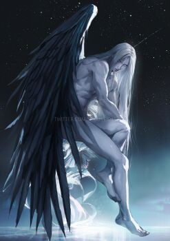 Rule 34 | 1boy, barefoot, black wings, closed mouth, commentary, commission, completely nude, english commentary, feathered wings, final fantasy, final fantasy vii, from side, full body, gradient background, grey hair, highres, lips, long hair, looking at viewer, male focus, night, night sky, nude, parted bangs, sephiroth, single wing, sitting, sky, solo, spykeee, star (sky), starry sky, toned, toned male, twitter username, wings