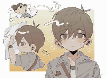 Rule 34 | 1boy, ?, ??, alternate eye color, alternate hair color, antenna hair, arrow (symbol), blush, border, bright pupils, brown eyes, brown hair, closed mouth, collared jacket, cropped torso, dot nose, double-parted bangs, frown, grey jacket, hair behind ear, hair between eyes, jacket, looking at viewer, male focus, mewo, multiple views, my loleeta, official alternate costume, omori, open clothes, open jacket, outline, outside border, portrait, profile, revision, shirt, short-sleeved jacket, short hair, short sleeves, simple background, sparkle, speech bubble, squeans, straight-on, sunny (birthday) (omori), sunny (omori), sweat, thought bubble, upturned eyes, v-shaped eyebrows, very short hair, white border, white outline, white pupils, white shirt, yellow background