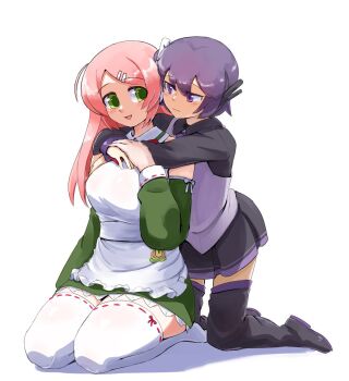 2girls apron black_boots black_shirt black_skirt boots breasts collared_shirt dress expressionless green_dress green_eyes grey_vest hair_ornament hairclip headphones hug large_breasts long_hair maid maid_apron momone_momo multiple_girls open_mouth pink_hair purple_eyes purple_hair purple_trim saruyama_ushirou shirt short_hair simple_background skirt smile thighhighs utane_uta utau vest white_apron white_background white_thighhighs