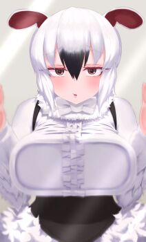 1girl absurdres against_glass animal_ears black_hair blush bow breast_press breasts breasts_on_glass brown_eyes center_frills eka_kinoko eyebrows_hidden_by_hair frilled_shirt frills fur_trim glass highres kemono_friends kemono_friends_3 large_breasts long_sleeves multicolored_hair shirt solo southern_tamandua_(kemono_friends) tamandua_ears tamandua_tail two-tone_hair white_bow white_hair