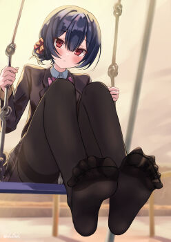 :o black_pantyhose blazer blue_hair blurry blurry_background blush dark_blue_hair eluthel feet foot_focus hair_between_eyes hair_bun highres idolmaster idolmaster_shiny_colors jacket long_sleeves looking_at_viewer morino_rinze no_shoes on_swing pantyhose red_eyes school_uniform single_side_bun sitting soles spread_toes swing toes