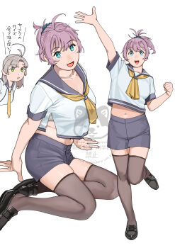 Rule 34 | 2girls, absurdres, ahoge, aoba (kancolle), arm up, black shoes, blue eyes, brown thighhighs, highres, kantai collection, kinugasa (kancolle), kinugasa kai ni (kancolle), messy hair, multiple girls, multiple views, neckerchief, ojipon, purple hair, purple sailor collar, purple shorts, sailor collar, sailor shirt, shirt, shoes, short hair, shorts, sitting, solo focus, standing, standing on one leg, thighhighs, translation request, waving, white shirt, yellow neckerchief, yokozuwari