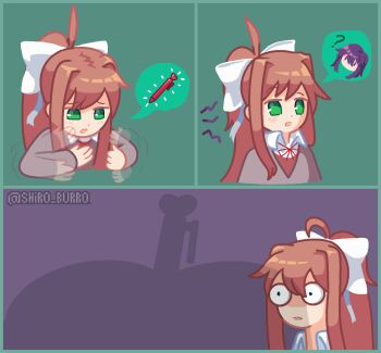 Rule 34 | 2girls, 3koma, ?, artist name, bow, brown hair, comic, constricted pupils, doki doki literature club, green eyes, hair ribbon, highres, implied masturbation, long hair, monika (doki doki literature club), multiple girls, open mouth, pen, ponytail, purple hair, ribbon, school uniform, shadow, surprised, white bow, wide-eyed, yuri (doki doki literature club)