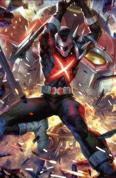 1boy black_bodysuit bodysuit casey_jones character_request commentary crossover daizyuzin dino_megazord glowing_cross holding holding_weapon horns looking_at_viewer male_focus mecha mighty_morphin_power_rangers official_art power_rangers ranger_x_(character) robot super_robot teenage_mutant_ninja_turtles tokusatsu weapon yellow_eyes