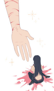 1girl 1other akemi_homura black_pantyhose black_skirt blood blood_on_ground brown_footwear commentary_request facing_away from_behind giant juliet_sleeves loafers long_hair long_sleeves mahou_shoujo_madoka_magica mahou_shoujo_madoka_magica_(anime) mamasna_(mattna_mmm) mini_person minigirl miniskirt mitakihara_school_uniform out_of_frame outstretched_hand palms pantyhose plaid_clothes plaid_skirt puffy_sleeves reaching reaching_towards_another scar scar_on_arm school_uniform shoe_soles shoes simple_background sitting size_difference skirt sparkle wariza white_background