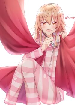 1girl :d blonde_hair commentary_request cropped_legs highres holding holding_pen hood hoodie ienaga_mugi ienaga_mugi_(1st_costume) long_hair nijisanji open_mouth orange_eyes pen pink_lips sakura_yuto sitting smile solo striped_clothes striped_hoodie twitter_username white_background