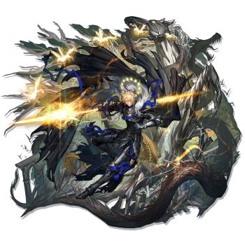 1boy absurdres animal_ears arknights armor black_armor blonde_hair blue_ribbon braid breastplate couter cuisses faulds greaves halo highres holding holding_polearm holding_weapon male_focus mlynar_(arknights) mlynar_(roar_against_the_wild)_(arknights) monster official_art pegasus polearm poleyn ponytail rerebrace ribbon ryuuzaki_ichi sabaton solo star_halo tail vambraces weapon white_background