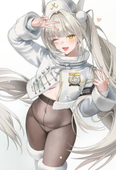1girl armband black_armband black_pantyhose blanc_(fortune_express)_(nikke) blanc_(nikke) blush boots breasts coat fur-trimmed_boots fur-trimmed_collar fur_trim goddess_of_victory:_nikke hat heart high-waist_pantyhose highres jacket long_hair looking_at_viewer naru_0 navel official_alternate_costume official_alternate_hairstyle one_eye_closed open_mouth panties panties_under_pantyhose pantyhose see-through_pantyhose smile solo star_(symbol) twintails underwear v very_long_hair white_boots white_hair white_hat white_panties winter_clothes winter_coat yellow_eyes
