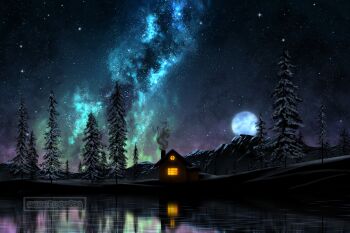 building commentary denisa_kinanda english_commentary full_moon highres hill house ibispaint_(medium) lake milky_way moon night night_sky no_humans original outdoors pine_tree reflection reflective_liquid scenery sky sky_focus smoke star_(sky) starry_sky tree watermark window_light