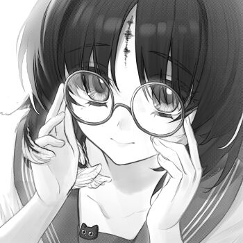 1girl bespectacled chinese_commentary closed_mouth collarbone commentary_request feather_hair glasses greyscale highres kohane_kun looking_at_viewer monochrome portrait solo tacet_mark_(wuthering_waves) wuthering_waves yangyang_(wuthering_waves)