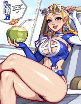belly blonde_hair blue_eyes blue_one-piece_swimsuit blush blushyspicy breasts highres large_breasts lipstick long_hair looking_at_viewer makeup marvel marvel_rivals one-piece_swimsuit red_lips reed_richards sky smile sue_storm sue_storm_(azure_shade) sunglasses swimsuit thighs unworn_eyewear