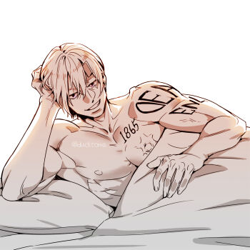 1boy andy_(undead_unluck) arm_tattoo bed bed_sheet blue_eyes bright_background chest_tattoo commentary_request ducktoma hair_down highres korean_commentary lying muscular muscular_male on_side pillow scar scar_on_chest scar_on_face shoulder_tattoo sleeping_together smile tattoo undead_unluck upper_body white_hair