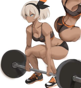 1girl abs ass bare_legs bea_(pokemon) black_footwear black_shorts breasts determined exercising highres huge_ass medium_breasts multiple_views muscular muscular_female nike_(company) nintendo platinum_blonde_hair pokemon pokemon_swsh rakeemspoon shoes short_hair shorts simple_background skindentation sneakers sports_bikini sports_bra sportswear squatting thighs toned training weightlifting white_background