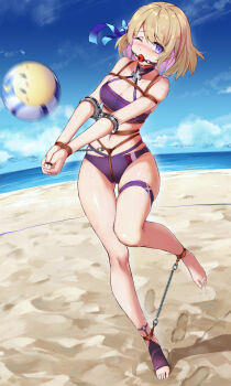 1girl absurdres azur_lane ball ball_gag bdsm beach beachball bikini blonde_hair blush bondage bound bound_ankles bound_arms breasts choker cleavage crotch_rope gag gagged haimei1980 hair_ribbon highres hobble looking_at_viewer medium_breasts navel one-piece_swimsuit one_eye_closed outdoors playing_sports purple_eyes purple_one-piece_swimsuit ribbon rope sand shibari shibari_over_clothes skindentation solo spring_(object) swimsuit thigh_strap thighs z23_(azur_lane)