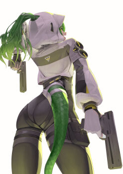 Rule 34 | 1girl, absurdres, arknights, arknights: endfield, back, black bodysuit, bodysuit, commentary request, crocodile girl, crocodilian tail, dual wielding, fluorite (arknights), green hair, gun, handgun, high ponytail, highres, holding, holding gun, holding weapon, hood, hoodie, long hair, looking at viewer, omame meshi, ponytail, simple background, snake tail, solo, tail, weapon, white background, white hoodie