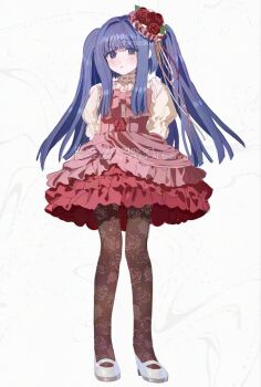 1girl arms_behind_back blue_eyes blue_hair commentary_request dress floral_print floral_print_pantyhose flower frilled_dress frills full_body furudo_erika hair_flower hair_ornament highres layered_dress pantyhose print_pantyhose red_flower red_rose rose shirozakura sidelocks simple_background solo standing twintails umineko_no_naku_koro_ni watermark white_background