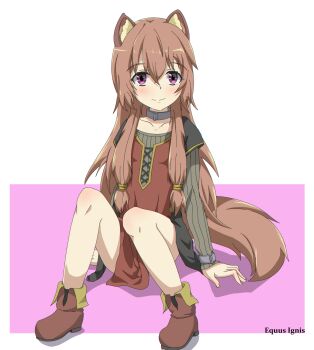 1girl animal_ear_fluff animal_ears ankle_boots artist_name black_dress blush boots brown_boots brown_hair child closed_mouth collar collarbone commentary dress equus_ignis eyebrows_hidden_by_hair full_body grey_dress hair_between_eyes highres layered_dress long_hair long_sleeves looking_at_viewer messy_hair metal_collar metal_hair_tubes metal_wrist_cuffs pink_background pink_eyes pinstripe_dress pinstripe_pattern raccoon_ears raccoon_girl raccoon_tail raised_eyebrows raphtalia raphtalia_(young) red_dress shadow short_dress short_sleeves sitting smile solo tail tate_no_yuusha_no_nariagari two-tone_background white_background