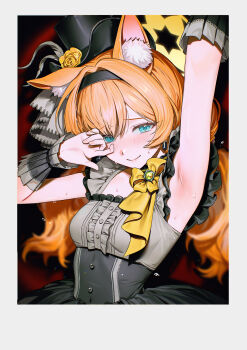 1girl absurdres animal_ear_fluff animal_ears ariko_(aaaaarik) arm_up armpit_focus armpits black_hairband black_hat black_skirt blue_archive blue_eyes blush border cat_ears cat_girl closed_mouth commentary dress english_commentary fake_photograph flower frilled_dress frills grey_dress grey_feathers grey_shirt hair_between_eyes hairband halo hand_on_own_face hat hat_flower high-waist_skirt highres idol_clothes irregular_border light_blush long_hair looking_at_viewer low_twintails mari_(blue_archive) mari_(idol)_(blue_archive) mini_hat mini_top_hat official_alternate_costume official_alternate_hairstyle orange_hair presenting_armpit shirt skirt sleeveless sleeveless_dress smile solo sweat top_hat twintails upper_body white_border wrist_cuffs yellow_flower yellow_halo