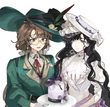 2girls :d absurdres black_hair bow brown_hair cake collared_shirt commission dress flower food gloves gown green_eyes green_hat grey_jacket grin hair_bow hat hat_feather hat_flower highres holding holding_plate isolde_(reverse:1999) jacket juliet_sleeves kakania_(reverse:1999) long_hair long_sleeves low_ponytail lx17640 multiple_girls neck_ribbon open_mouth plate ponytail puffy_sleeves purple_eyes red_ribbon reverse:1999 ribbon round_eyewear sample_watermark shirt side-by-side smile upper_body veil watermark wavy_hair white_background white_dress white_gloves white_hat white_shirt white_veil yellow_bow yellow_flower