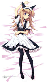 1girl :o absurdres alternate_costume animal_ears apron arm_over_head arm_up bed_sheet belt belt_around_waist belt_buckle black_corset black_dress black_pantyhose black_shoes blonde_hair blush breasts buckle buttons cat_ears chaos;head clenched_hand clenched_teeth clothes_pull collar corset cross-laced_clothes cross-laced_collar cross-laced_corset cross-laced_dress cross-laced_sleeves dakimakura_(medium) dated dress embarrassed enmaided frilled_apron frilled_collar frilled_dress frilled_skirt frills hand_on_own_stomach highres lace-trimmed_sleeves lace_trim long_hair long_skirt looking_at_viewer maid maid_apron maid_headdress mary_janes matsuo_yukihiro mayqueen_maid_uniform multiple_views nishijou_nanami no_bra official_art open_mouth pantyhose pantyhose_around_legs pantyhose_pull petticoat puffy_short_sleeves puffy_sleeves purple_belt purple_eyes red_ribbon ribbon scan science_adventure shoes short_sleeves skirt small_breasts steins;gate teeth thick_thighs thighs unbuttoned_dress waist_apron white_apron