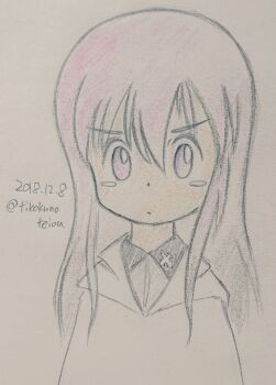 Rule 34 | 1girl, artist request, dated, frown, girls und panzer, girls und panzer little army, grey shirt, jacket, kuromorimine school uniform, pink eyes, pink hair, school uniform, sheska (girls und panzer), shirt, twitter username, white jacket