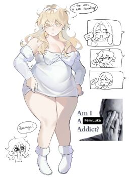 1girl alien_stage blonde_hair breasts character_request cleavage detached_sleeves english_text fancylxncy full_body genderswap genderswap_(mtf) hair_between_eyes highres large_breasts long_hair looking_down luka_(alien_stage) parted_lips plump simple_background solo stretch_marks thick_thighs thighs white_background white_sleeves yellow_eyes