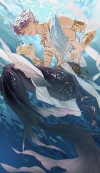 1boy armlet black_nails blue_sash body_markings commentary_request conch facial_mark fins fish_tail full_body gold gold_armlet gold_bracer gold_necklace gymnopedies2 hair_between_eyes head_fins highres jewelry looking_at_viewer love_and_deepspace male_focus merman monster_boy nail_polish necklace parted_bangs parted_lips pink_eyes purple_hair rafayel_(love_and_deepspace) sash seashell shell short_hair solo tail topless_male underwater waist_sash