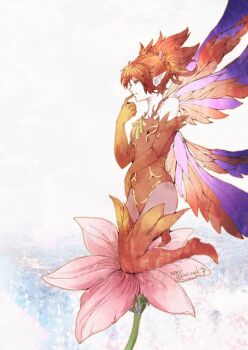 1girl bare_shoulders blue_wings closed_mouth commentary_request copyright_name elbow_gloves fairy fairy_wings feo_ul final_fantasy final_fantasy_xiv finger_to_mouth flower gloves index_finger_raised leotard mini_person minigirl on_flower pantyhose pink_flower pink_pantyhose pixie_(ff14) pointy_ears red_gloves red_hair red_leotard red_thighhighs red_wings ruka_(blueplus84) short_hair short_twintails smile solo thighhighs twintails twitter_username two-tone_wings wings yellow_eyes