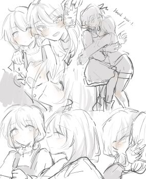 2girls blush can closed_mouth commentary_request drunk girls_band_cry greyscale hazel1346729 highres holding holding_can hug iseri_nina kawaragi_momoka kiss long_hair monochrome multiple_girls overalls short_hair shorts sketch spot_color sweatdrop yuri
